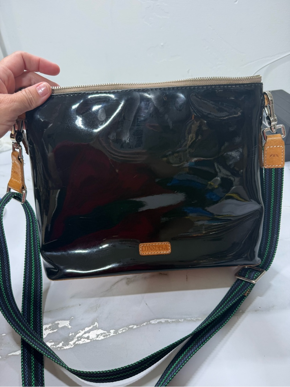 Consuela Black Patent Crossbody with Green-Trim Strap and Tan Accents